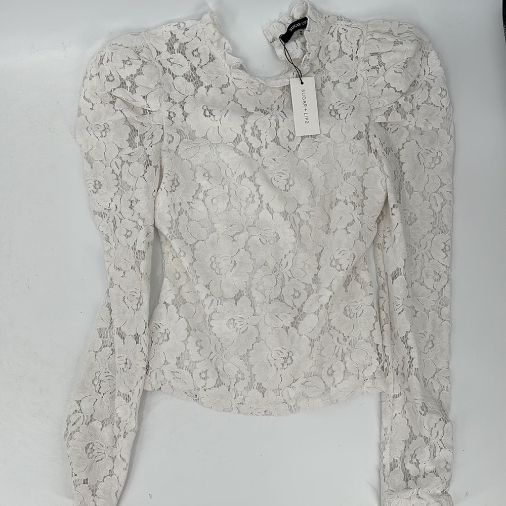 Sugar + Lips top size XS NWT white lace puff sleeve - Picture 2 of 5